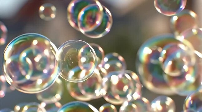 Colorful soap bubbles floating in the air with iridescent reflections in bright sunlight