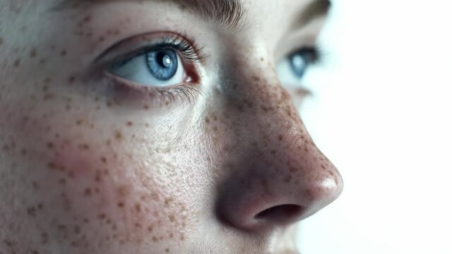 A detailed showing the intricate details of human skin with freckles and hazel eyes