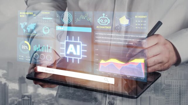 Futuristic Businessman Analyzing Data on Tablet with Artificial Intelligence Graphics and Digital Charts in Modern Urban Setting. Entropy.