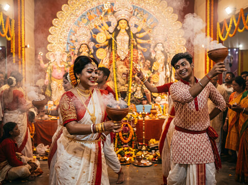 Devotees Performing Traditional Incense Offering Before the Durga Idol During Durga Puja