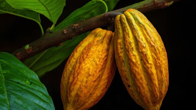 Close-up of two ripe, unharvested cocoa pods on a tree branch with green leaves in the background.