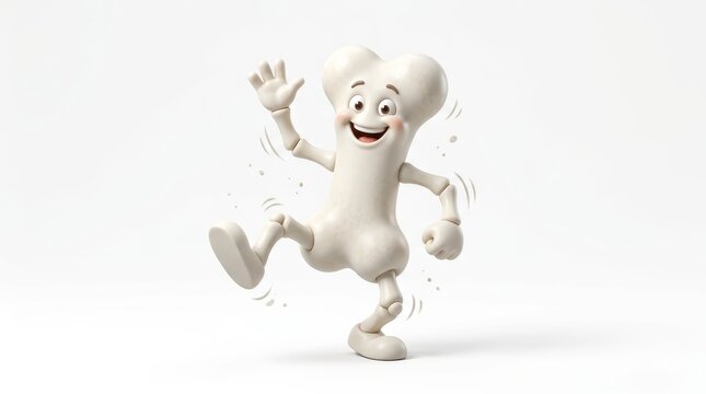 Happy Bone Character Dancing: A cheerful, anthropomorphic bone character with a smiling face and expressive limbs dances with joy, its knees and elbows articulated.