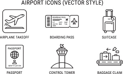 Fototapeta premium Set of airport and travel vector outline icons with airplane boarding suitcase passport transport aviation terminal logistics vacation departure navigation collection business checkpoint