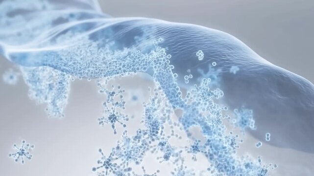 Abstract 3D render depicting molecular interaction of blue particles with a cellular structure, symbolizing advanced biological processes, nanotechnology research, and microscopic scientific discovery