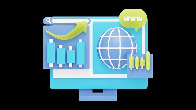 3D illustration of a computer monitor displaying web analytics, global internet communication, and business growth statistics with charts and an upward arrow.