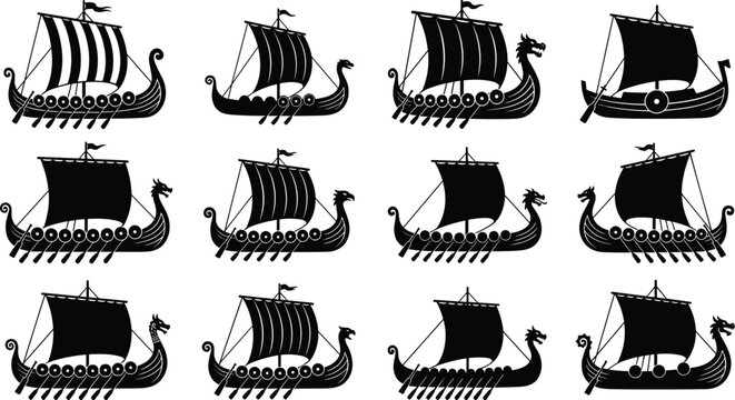 Viking longship silhouettes set ancient scandinavian drakkar boats with dragon heads isolated on white