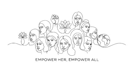 Fototapeta premium Diverse Women Line Art Collage: Empowerment, Unity, Feminism, Global Sisterhood
