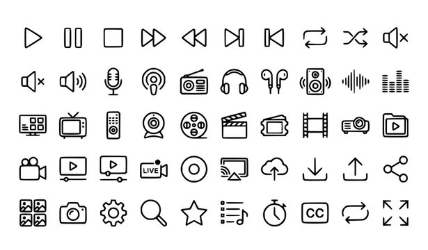 Minimal multimedia outline icon collection with audio video and streaming controls