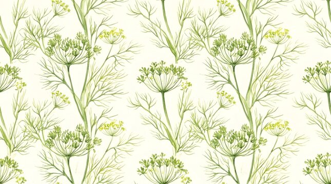 Seamless Pattern of Watercolor Dill Flowers and Fennel Herbs.