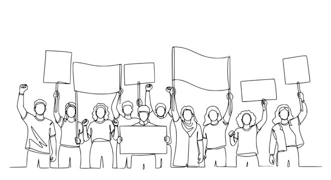 Protestors Holding Signs and Flags, Collective Action, Single Line Drawing