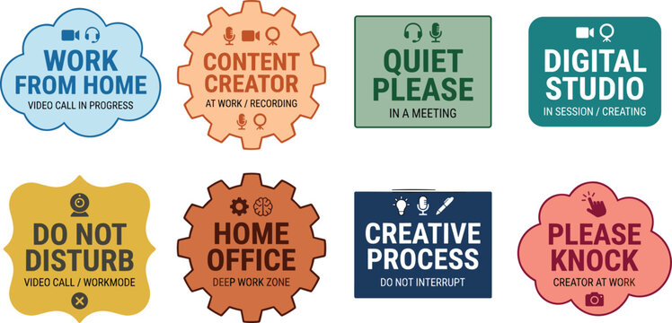 Work From Home and Content Creator Do Not Disturb Sign Badge Vector Template Set