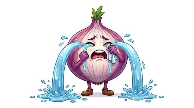 Crying Onion Illustration: A sad, anthropomorphic red onion with a distressed face and teary eyes is depicted in a cartoon illustration, shedding copious amounts of water from its eyes.