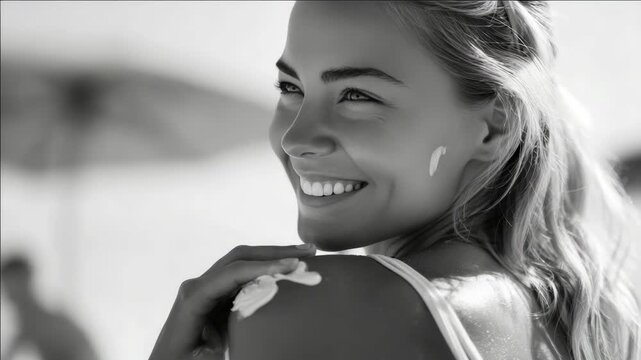 Smiling girl with blonde hair and light skin, wearing bikini top, leaning on her elbow in the sand with a sunny background.