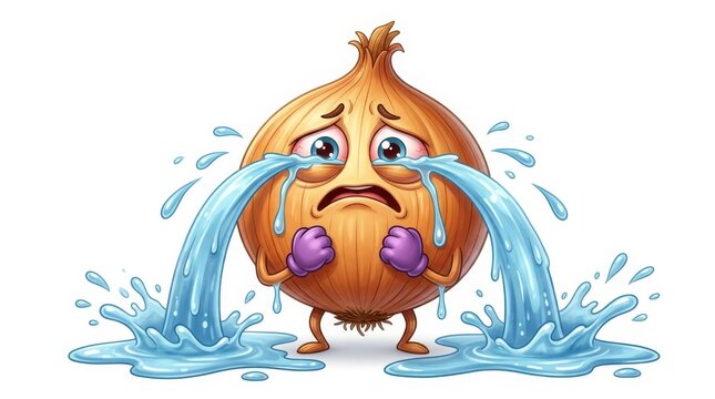 Crying Onion Illustration: A cartoon onion with a sad face and teary eyes is crying profusely, splashing water all around.