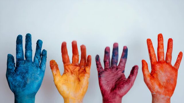 Four hands painted in vibrant colors reach toward the camera. Colors include blue, orange, red, and mixed tones. Each hand shows unique texture and paint distribution