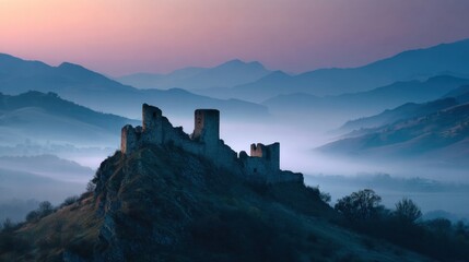 Obraz premium Ruined castle atop misty mountain landscape