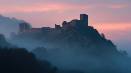 Obraz premium Castle ruins atop misty mountain landscape