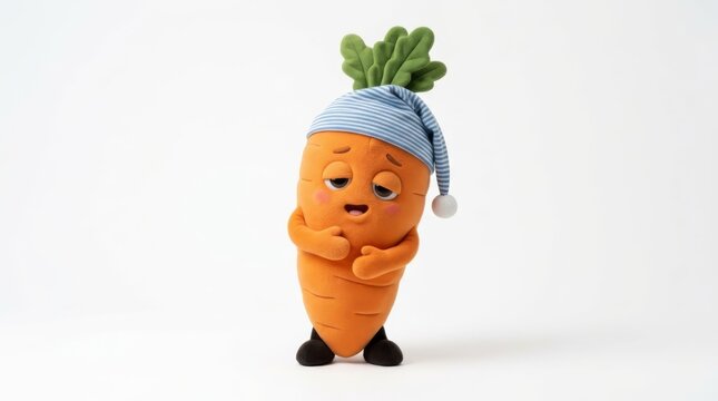 Tired Carrot Character: A sleepy carrot character wearing a blue nightcap and pajamas yawns, looking exhausted and ready for bed, despite its vibrant orange hue.