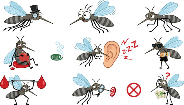 Funny Cartoon Mosquito Vector Character Set Showing Pest Poses like Blood Sucking, Buzzing, and Weightlifting with Repellent Coil and Prohibition Symbols
