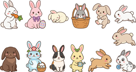 Obraz premium Cute Easter Bunny Vector Character Set Featuring Kawaii Rabbits with Easter Eggs Basket Carrot and Watering Can for Festive Greeting Card Designs