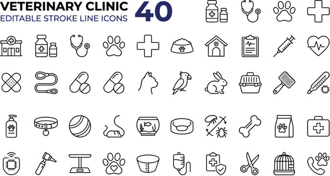 Comprehensive bundle of forty editable thin line icons for veterinary clinic animal hospital care and pet medical services