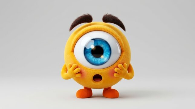 Surprised Little Monster: A whimsical, bright yellow, one-eyed creature with bushy eyebrows and tiny feet expresses shock with its mouth agape and rosy cheeks, its large blue eye wide with surprise.