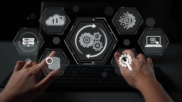 Innovative Technology Concepts for AI and Cloud Computing in Digital Transformation with Gear Icons and Hands on Keyboard Sigmoid