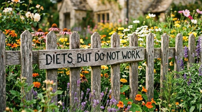 Handwritten wooden sign amidst colorful wildflowers with thought provoking message with conveying bold statement hand painted letters against lush garden backdrop