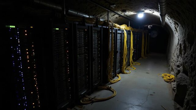 Rows of computer equipment mounted on racks in a server room. Yellow safety netting is draped over the front edge of each rack to prevent accidental falls.