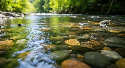 Fototapeta premium Clear River Flowing Over Stones with Sunlight Reflections