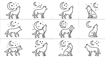 Obraz premium Collection of Stylized Wolf Howling at Moon Illustrations