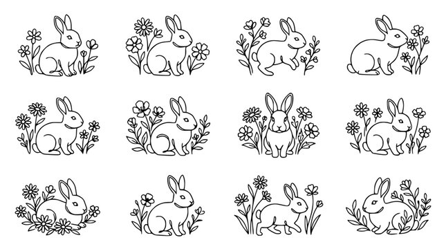 Cute Bunny Illustrations Collection: Easter Spring Animals, Flowers, Hand-drawn Doodle Style