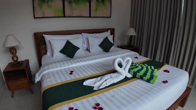 Villa bedroom with towel swans and rose petals on a king bed in Bali