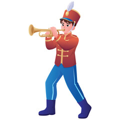 Illustration of a student trumpet player in school marching band uniform for music performance and parade themes. © Space