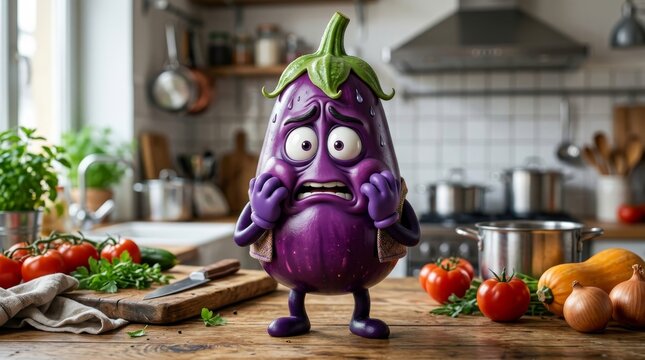 Scared Eggplant in Kitchen: A cartoon eggplant character with a terrified expression, hands clasped near its face, stands in a rustic kitchen surrounded by fresh vegetables.
