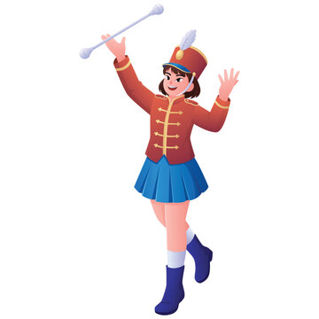 Illustration of a school majorette dancing with a baton for marching band, parade, and student performance themes.