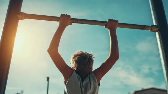 A young person enthusiastically lifting a barbell during exercise, with the sun shining brightly from behind them, highlighting their dedication and focus on their workout.