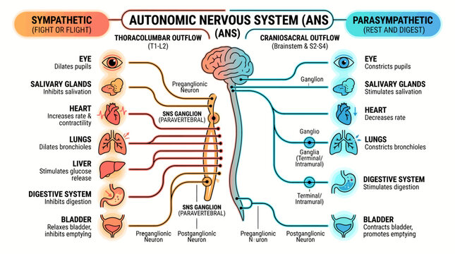 Comprehensive Diagram Illustrating the Physiological Functions and Structural Differences of the Sympathetic and Parasympathetic Nervous Systems