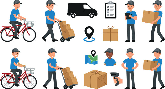Express Delivery Courier Vector Character Set Featuring Mailman with Bicycle, Hand Truck, Boxes, Map, and Logistics Shipping Icons for E-commerce Service Designs