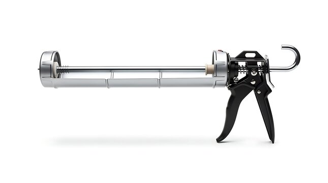 A metal caulking gun is isolated against a clean white background.