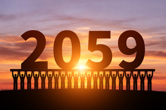 Numerous small figures silhouette in the morning sun, holding 2059