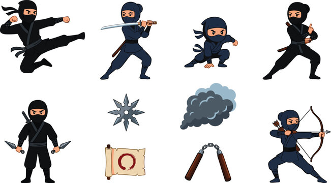 Cute Cartoon Ninja Vector Character Set Featuring Japanese Assassins with Katana Swords, Shuriken Stars, Nunchucks, and Bows for Game Asset Designs