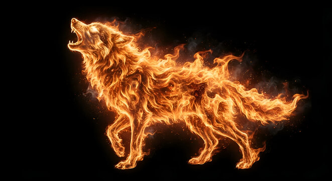 enormous wolf-shaped stream of fire
