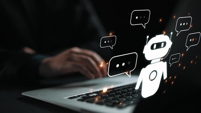 AI chatbot virtual assistant interacting with users through AI conversation bubbles, symbolizing AI automation, smart communication, and AI digital artificial intelligence help support Marrow