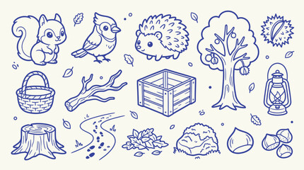 Obraz premium Cute Hand-Drawn Autumn Forest Elements Collection with Animals and Nature Objects.
