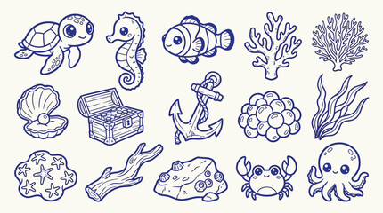 Collection of cute hand-drawn marine life and underwater elements in a doodle style. © zainab