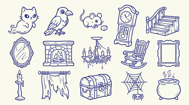 Collection of spooky and mysterious hand-drawn illustrations for Halloween or gothic themes.