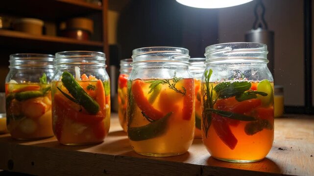 Jars of pickled vegetables like peppers, carrots, and asparagus with herbs and spices. Homemade pickles in mason jars on a rustic wooden tabletop. Food for culinary art and healthy food projects.