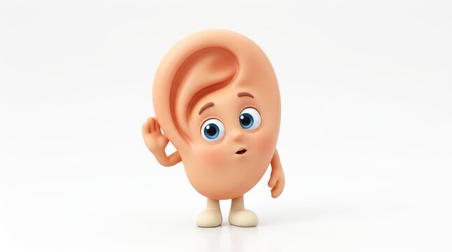 Cartoon Ear Character with Curious Expression: A whimsical 3D animated ear character with wide blue eyes and a slightly puzzled expression tilts its head and cups its hand behind its ear.