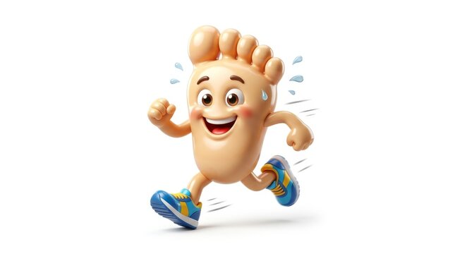 Running Foot Character: A cartoonish, smiling foot character with athletic shoes is depicted in mid-stride, indicating movement and an active lifestyle.